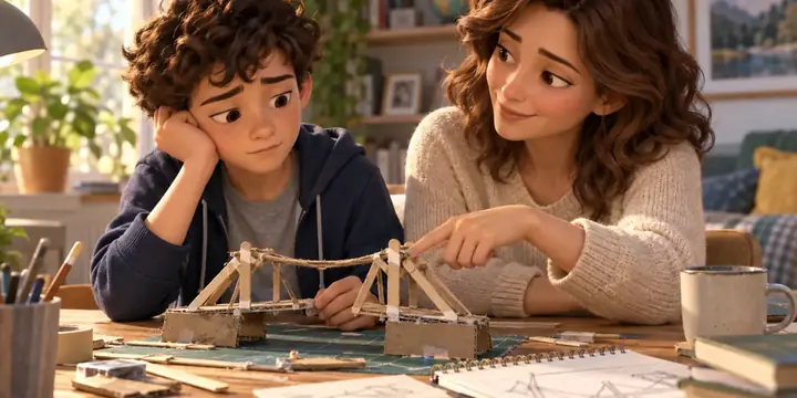 Макс сомневается в своей модели моста, а мама помогает ему заметить уже достигнутый результат